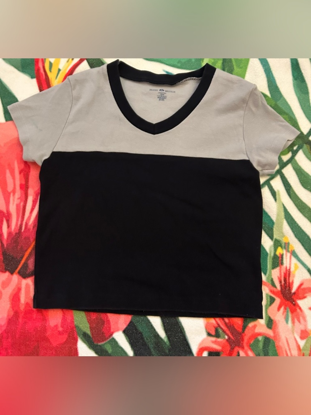 Brandy Melville Navy and Light Blue V-Neck Colorblock Tee